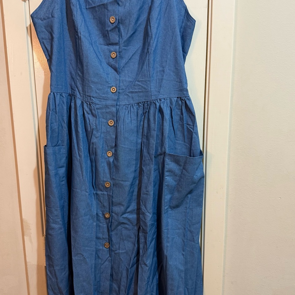 Blue Jean Button-Down Sleeveless Dress With Pockets